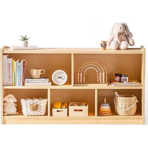 ROBUD Wooden Toy Storage Organizer, 5-Compartment Montessori Shelf with Anti-tip Kit, Wooden Storage Cabinet for Kids Room, Bedroom, Playroom, Nursery, Preschool, 44.9" x 23.6" x 11.8"