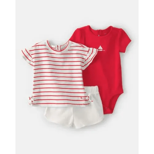 Baby Girl 3-Piece Sailboat Short-Sleeve Top, Bodysuit & Short Set - Red/White | Carter's