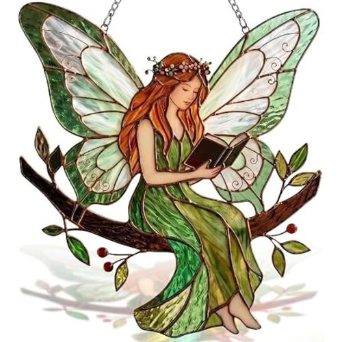 Stained Acrylic Fairy Reading a Book Suncatcher, Decorative Hanging Ornament, Christmas Ornament, Car Rearview Mirror Charm, Gift for Fairy Lovers, Women, Girls, Teachers(Sun-40)