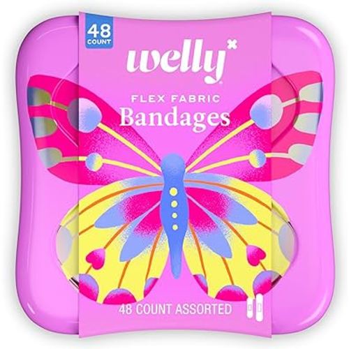 Welly Bandages | Adhesive Flexible Fabric Bravery Badges | Assorted Shapes for Minor Cuts, Scrapes, and Wounds | Colorful and Fun First Aid Tin | Butterfly Patterns - 48 Count