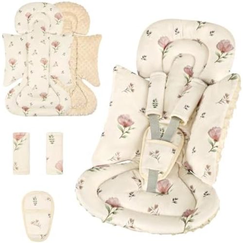 Infant Car Seat Insert with 3 Strap Covers Set, Car Seat Head Support Baby for Girls, Soft 3 in 1 Baby Car Seat Cushion for Strollers, Bouncers, Swing, Simple Floral