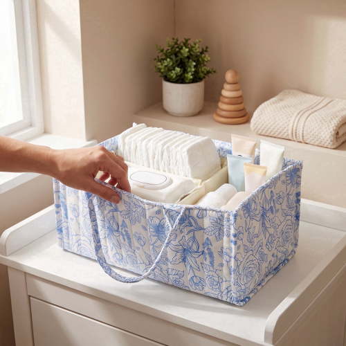Diaper Caddy Organizer, Portable Baby Nursery Storage Basket with Removable Dividers for Newborn Essentials, Wipes & Toys, Cotton Blend, Blue