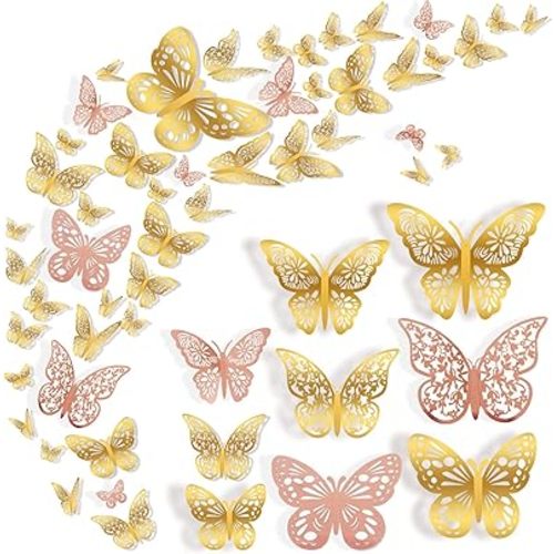 72 Pcs Butterfly Wall Decor, 3 Styles 3 Sizes 3D Butterfly, Gold and Rose Gold Butterfly, Wedding Decorations, Birthday Party Decorations, Girls Bedroom Decoration(72 Pcs, Gold and Rose Gold)