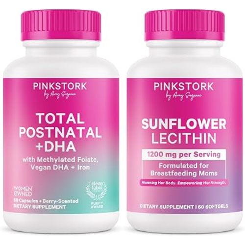 Pink Stork Total Postnatal + DHA & Lactation Probiotic Bundle for Breastfeeding Women - Postnatal Vitamins with Vegan DHA, Iron + 30 Billion CFU Probiotic for Postpartum Wellness Bundle