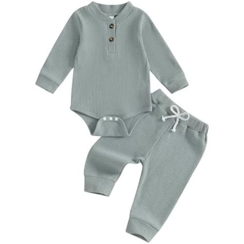 Newborn Baby Boy Fall Outfit Romper Long Sleeve Stripe Onesie Jumpsuit Bodysuit Elastic Waist Pants Infant Waffle Clothes