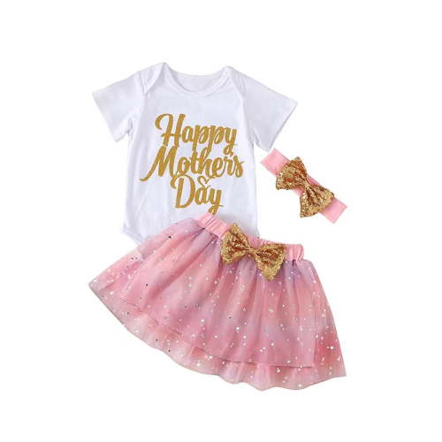 Bagilaanoe 3Pcs Newborn Baby Girls Mother's Day Outfits Letters Print Short Sleeve Romper Tops + Sequined Mesh Tutu Skirt + Headband 3M 6M 12M 18M Infant Casual Skirt Set