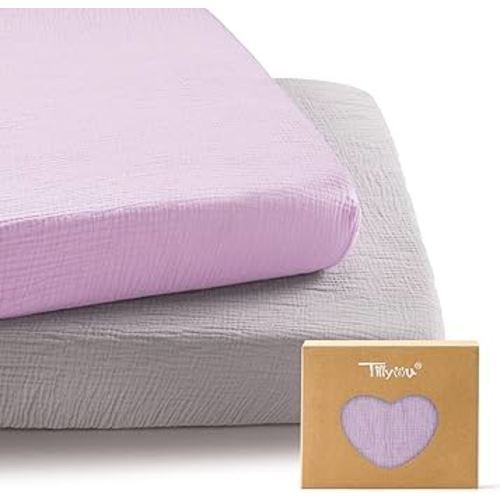 TILLYOU Muslin Mini Crib Sheets 2 Pack, Pack and Play Mattress Sheets Fitted for Pack N Play, 38 x 26 Sheet for Toddler, Grey and Purple