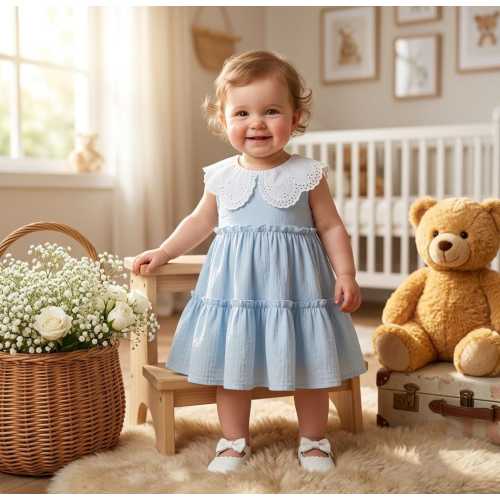 Baby Girl Cotton Sun Dress, Embroidered Peter Pan Collar, Ruffle Summer Outfit dress