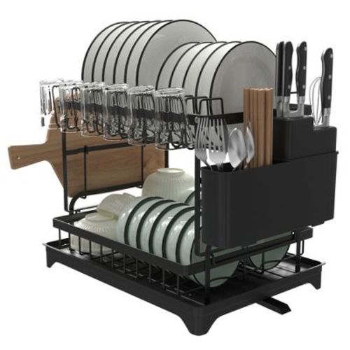 Fortune Candy 11.41'' Tall 2 Tier Dish Drying Rack, Large apacity, Black