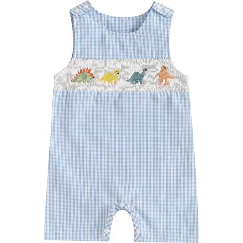 Baby Boy Summer Clothes Sleeveless Embroidery Dinosaur Gingham Retro Romper Jumpsuit Smocked Shortall