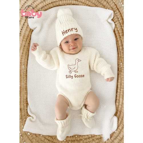 EMBROIDERED Custom Name One Silly Goose Baby Set, Baby First Birthday Knit Silly Goose Sweater, Embroidered Name Rustic Baby Romper