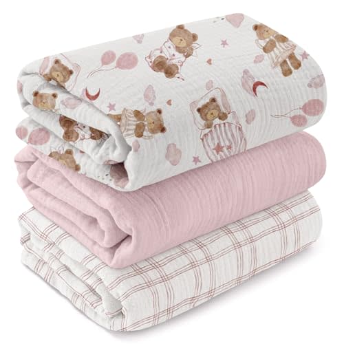 GLLQUEN BABY Muslin Swaddle Blankets,3-Pack Receiving Blanket for Newborn Boys and Girls,Baby Swaddle Blanket Unisex,Little Bear,Baby Essentials, Registry & Gift, 40 x 38 inches