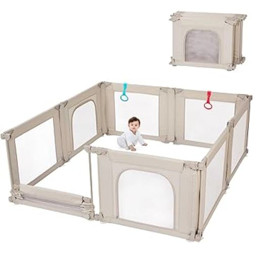Doradotey Baby Playpen, Shape &Size Adjustable Large Baby Playard for Babies and Toddlers, Foldable Playpen Baby Fence Indoors Play Center Yards, Breathable Mesh Anti-Fall Play Pen 79x71, Cream