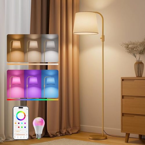 Dimmable Arc Floor Lamp, 1200 Lumens RGBCW Color Change Bulb Included, Standing Lamp with Linen Shade, 65" Tall Lamp with Remote for Living Room, Bedroom, Office, Dining Room, Kitchen, Black