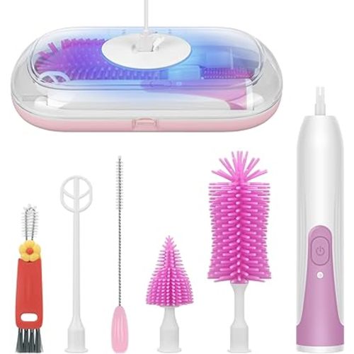 Electric Baby Bottle Brush, Maypott Portable Baby Bottle Brush Cleaner Baby Bottle Drying Rack Bottle Sterilizer & Dryer Bottle Washer Set with Nipple & Straw Brush Baby Essentials for Travel(Purple)