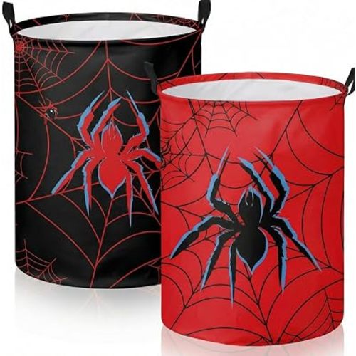 2 Pcs Spider Laundry Hamper Basket Large 17.32 x 13.78 Inch Round Collapsible Spider Toy Storage Organizer Basket Bin with Waterproof Layer for Closet Bedroom Playroom Nursery Toy Dirty Cloth