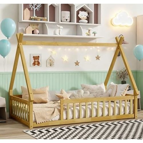 Bellemave Twin Size Floor BedFrame for Kids, Wooden Montessori Floor Beds, Twin House Bed for Kids Girls Boys, Tent beds, Natural