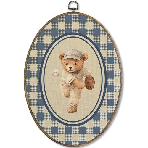 Fewgb Vintage Baseball Bear Boys Nursery Oval Wall Art Decor Framed, Baby Boys Toddler Kids Room Playroom Bedroom Canvas Wall Art Prints Picture, Blue Plaid Sports Hanging Decor Artwork 9x12
