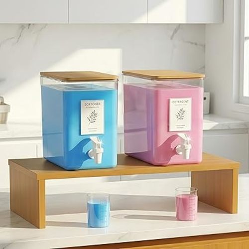 Laundry Detergent Dispenser Set, Liquid Laundry Soap Dispensers for Detergent and Fabric Softener, 2 x 101 oz Refillable Containers with Stand for Laundry Room Organization