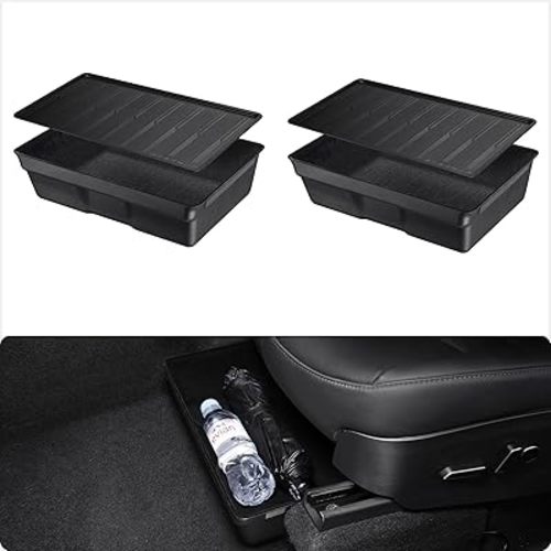 BASENOR 2025 Upgraded 2PCS Tesla Model Y Under Seat Storage Box Organizer Hidden Tray Underseat Bins with Lid Cover for 2020-2025 Model Y Interior Accessories Gen 2