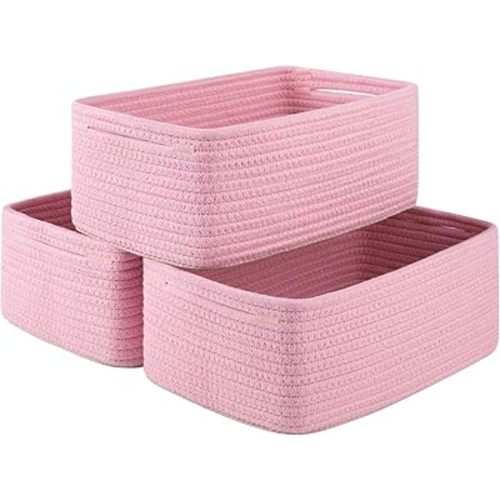3 Pack Small Storage Baskets for Organizing, Cute Woven Decorative Gift Baskets for Shelves, Mini Closet Organizer Bins with Handles, 11.81''Lx7.87''Wx4.72''H-Pink