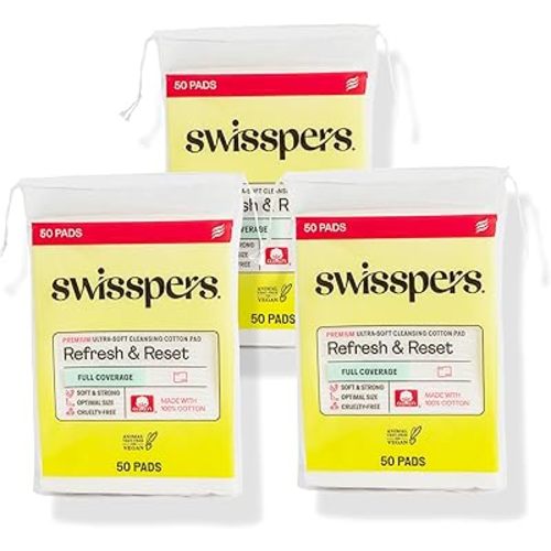 Swisspers Premium Facial Cleansing Pad, 100% Cotton, Ultra Soft, Extra Large, 50 White Pads per Reclosable Bag, 3 Bags (150 Pads Total)