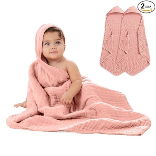 Comfy Cubs Hooded Baby Towel 2-Pack, Large 32 x 32 Inch - 6 Layer 100% Muslin Cotton for Babies, Toddlers and Kids - Soft & Absorbent Baby Bath Towels - Unisex Design for Bath Time - Bold Blush