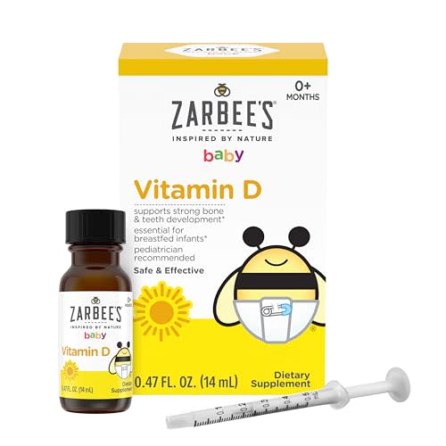 Zarbee's Vitamin D Drops for Infants, 400IU (10mcg) Baby & Toddler Liquid Supplement, Newborn & Up, Dropper Syringe Included, 0.47 Fl Oz