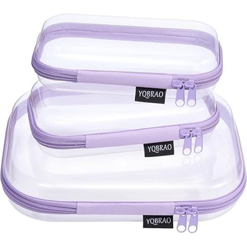 YQBRAO 3-Pack Clear Hard Shell Zipper Case - Purple Edition, 1.2mm Heavy-Duty Crush-Proof Travel Makeup Bag, TSA Approved Clear Zipper Pouches, Rigid Diaper Bag Organizer for Tech & Daily Essentials