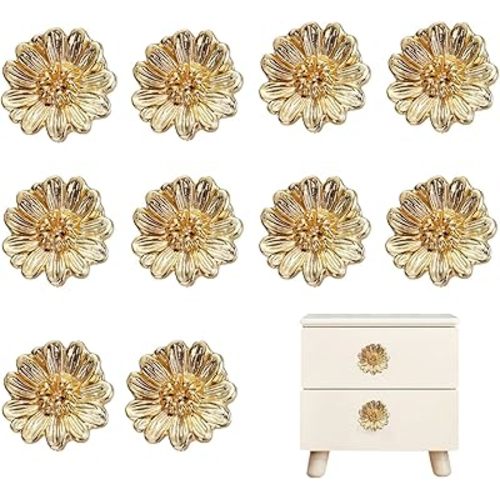 10 Pcs Gold Cabinet Knobs,Zinc Alloy Flower Shape Drawer Knobs,Cabinet Hardware,for Drawer Bathroom Closet Wardrobe Dresser Cabinet (Flower)