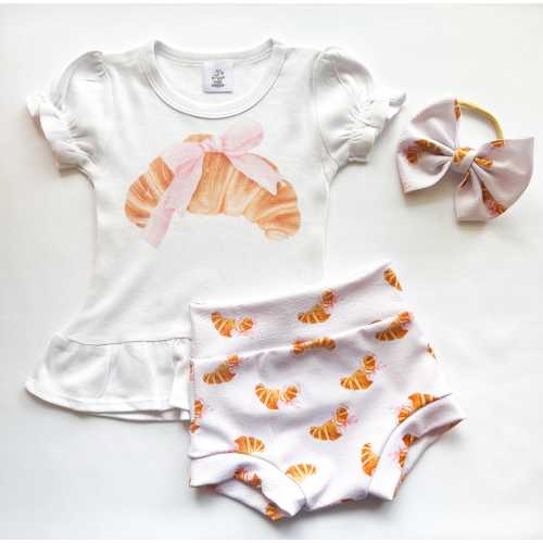 Baby Girl Toddler CROISSANT French Shirt/onesie Bummies Nylon Bow set 0-3 mos-4t Shorties Headband diaper cover Summer Birthday Party