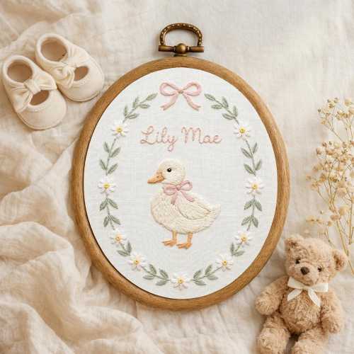 Embroidered Duck Name Sign, Floral Nursery Hoop Art, Baby Shower Gift