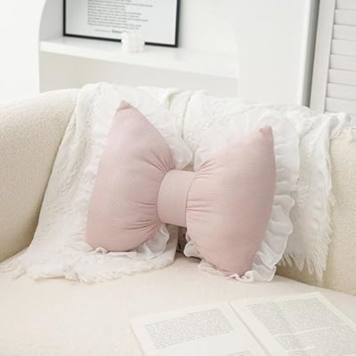 Cute Bow Pillow,Lace and Lace Bow Pillow,Car Backrest Cushion,Sofa Office Lumbar Pillow Cushion,Room Decor (Pink)