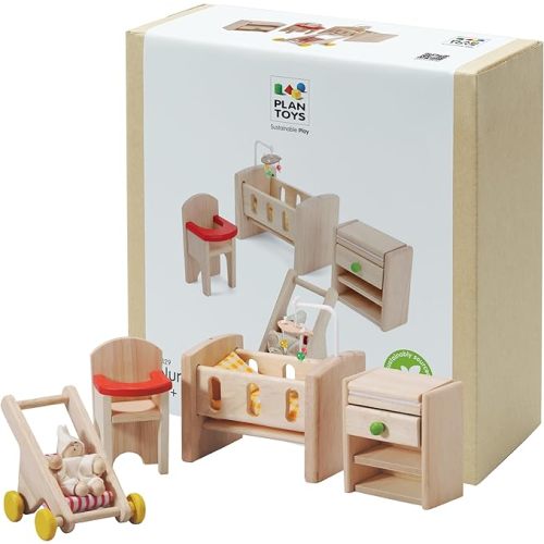 PlanToys® Wooden Nursery Dollhouse Furniture Set for Kids | Montessori Small World and Caregiving Pretend Play | Eco Friendly Wooden Dollhouse Baby Room Set for Imaginative Play