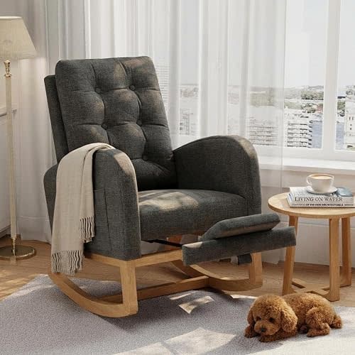 Modern Rocking Chair for Living Room, Comfortable Recliner Rocker with Side Pocket, Soft Linen Upholstered Glider Chair for Bedroom, Nursery, Lounge-Grey