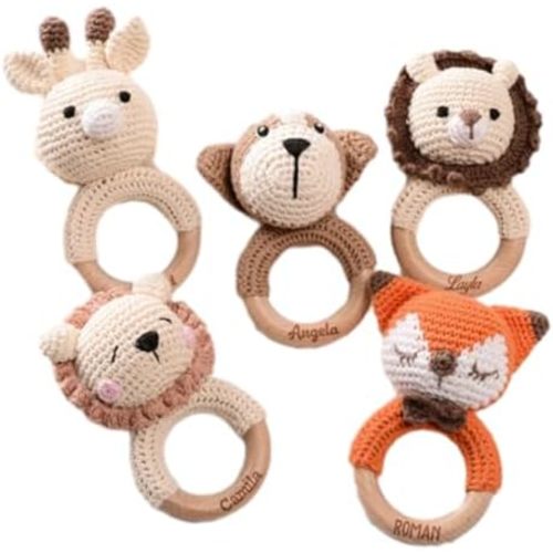 Personalized Baby Crochet Rattle with Name,Custom animal rattle toy,Handmade Crochet Stuffed Animal & Wooden Teething Ring,Wooden Baby Rattle,Custom Newborn Gift for Baby Shower,Birthday Gift