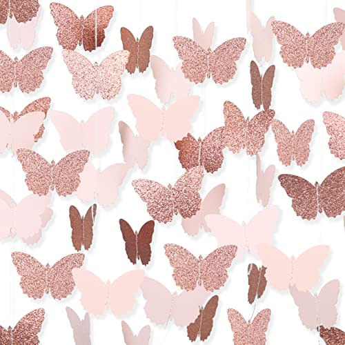 40Ft Rose Gold Butterfly Garland Birthday Party Decor | Paper Banner Streamers Lightweight Hanging Design, Butterfly Pattern, Spring Events, Mother’s Day, Weddings, Baby Showers