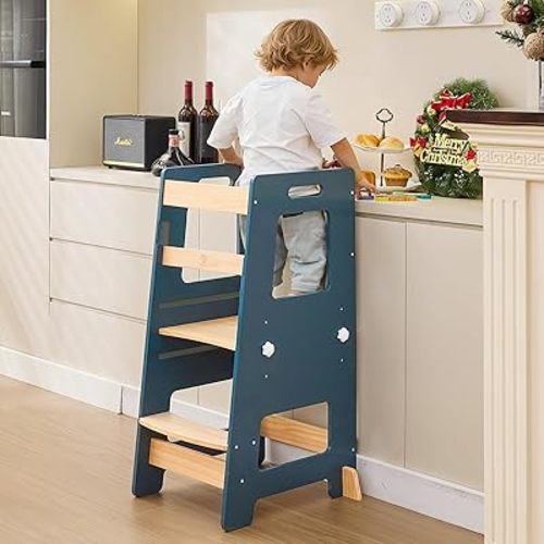 WOOD CITY Kitchen Step Stool - Safe Montessori Standing Tower for Kids with Safety Rail, Height Adjustable Toddler Ideal Helper for Learning New Skills, Anti-Slip Protection for Bathroom - Deep Blue