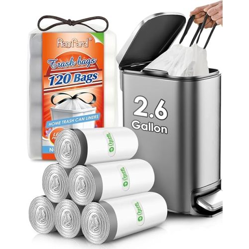 120 Counts 2.6 Gallon Small Drawstring Trash Bags Garbage Bags by RayPard, Small Strong Plastic Bags fit 7.5-10 Liter Trash Can for Home Office Kitchen Bathroom Bedroom, White Waste Basket Liners