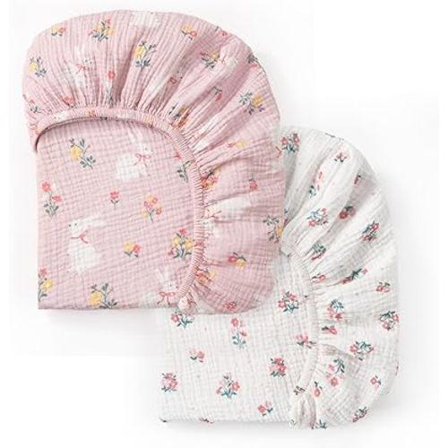 david's kids Muslin Crib Sheets for Girls, 2 Pack 100% Cotton Soft Breathable Fitted Baby Sheet Set, Standard 52"x28" Crib and Toddler Mattress, Rabbit