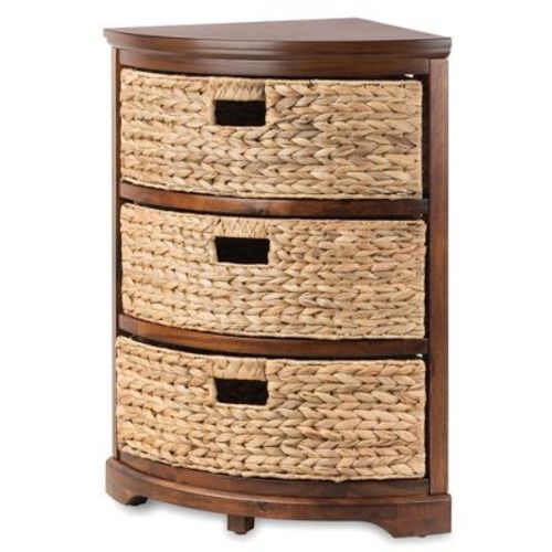eHemco Hampton Meadows 3 Tier X-Side Corner Table End Table with 3 Natural Water Hyacinth Wicker Baskets