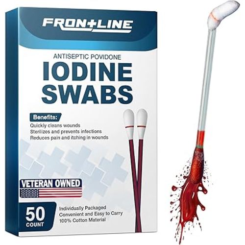 FrontLine Povidone Iodine Swabs, 10% More Iodine Antiseptic Solution, Cotton Swabsticks for Wound Care, Nasal Cleansing, First Aid & Medical Supplies, Individually Wrapped Box of 50