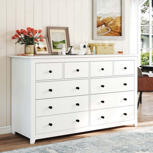 White Dresser for Bedroom, 10 Drawer Wood Chest of Drawers, Modern Wide Storage Dresser Cabinet with Large Wooden Top for Bedroom, Living Room