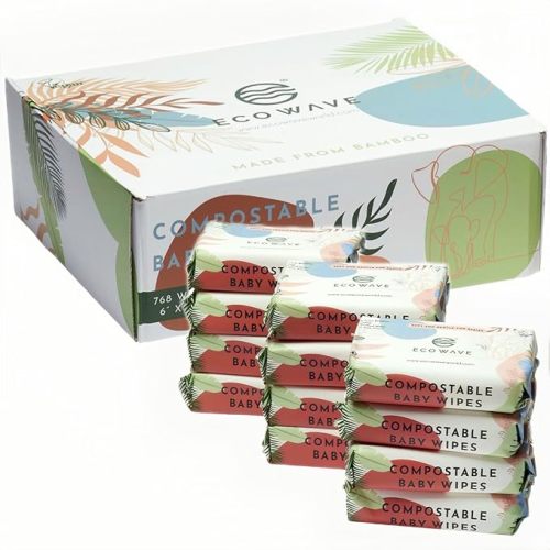 Eco Wave Baby Wipes, 100% Compostable Eco-Friendly Bamboo Wipes, Unscented, Hypoallergenic, Vegan, Alcohol-Free, Suitable For Sensitive Skin (Pack of 12)