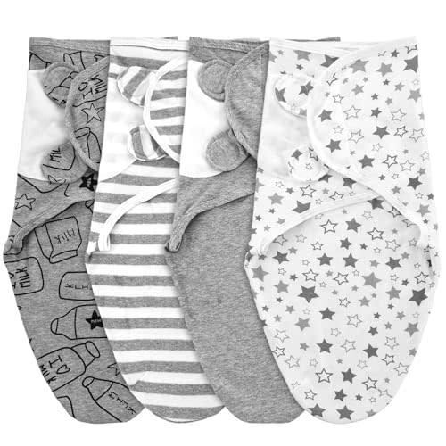 Newwiee 4 Pcs Preemie Baby Swaddle Wrap Cotton Adjustable, Grey Stripe | Preemie Swaddle Blanket 3-6lbs, Secure Wrap Improves Sleep, Soft Cotton Breathable, Newborn Boy Girl Nursery Essentials