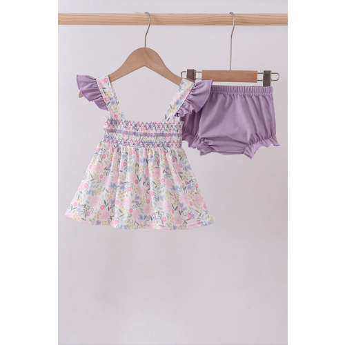Purple floral smocked ruffle bloomer set