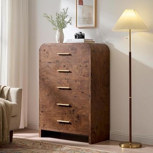 Curved 5 Drawer Dresser for Bedroom, 31'' Wide Chest of Drawers, Modern Storage Cabinet for Hallway & Living Room TV Stand, FSC Certified 1.18" Thick Board, 100 lbs Top Weight, Dark Burl