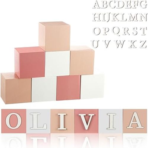 Kigley 8 Pcs Custom Wooden Name Sign 8 Letter Baby Blocks and 78 Wooden Letter Nursery Name Wooden Cubes Baby Wooden Blocks for Nursery Montessori Baby Shower Name Alphabet Wood Signs (Pink)