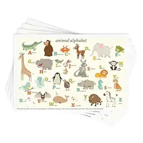 Babebay Disposable Stick-on Placemats 40 Pack for Baby & Kids & Toddler, Sticky Placemats Restaurant Table Mats 12" x 18" (Animal Alphabet)