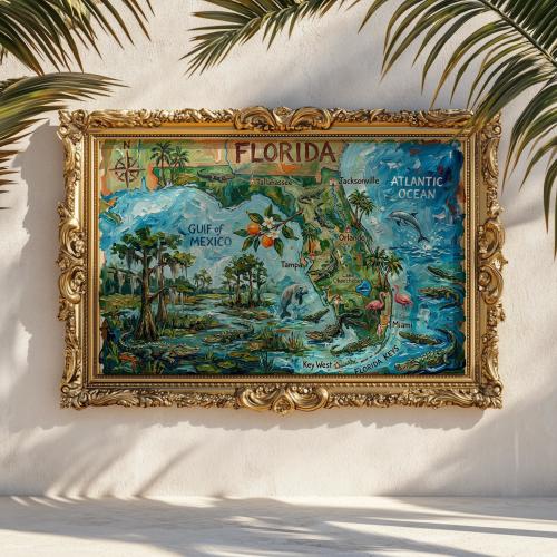 Painted Florida Map Wall Art Print: Vintage Style Illustrated Map, Keys Miami Art